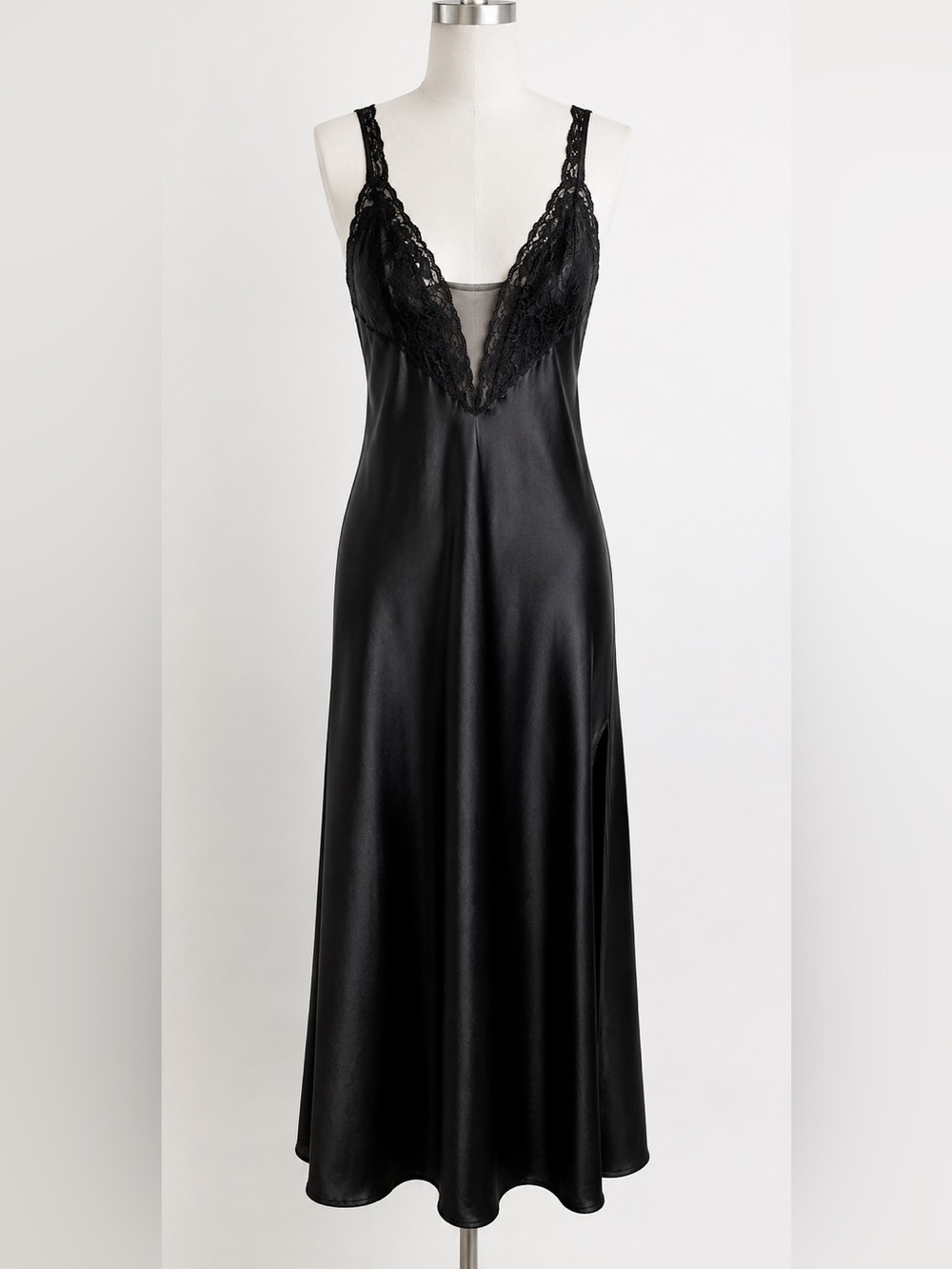 Vintage 90s Victoria’s Secret Gold Label Black Satin Lace Maxi Nightgown M